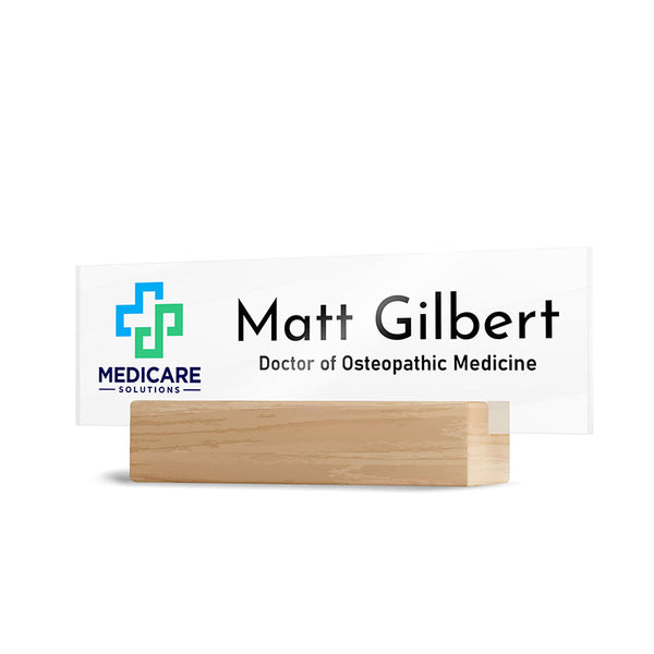 Custom Logo and Title Desk Name Plate With Wood Base - GiftShire