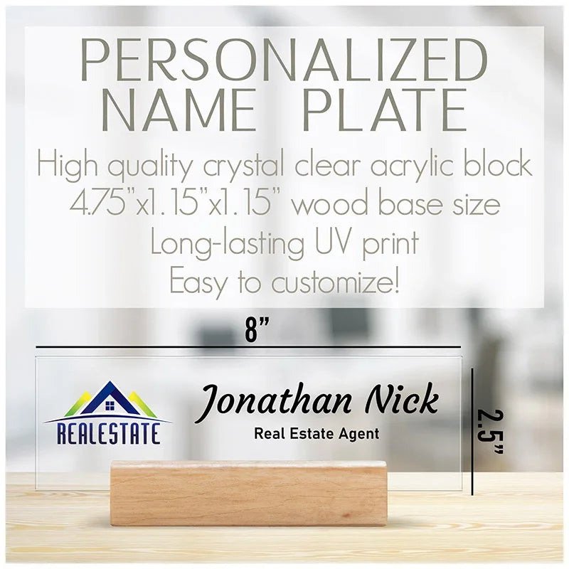 Custom Logo and Title Desk Name Plate With Wood Base - GiftShire