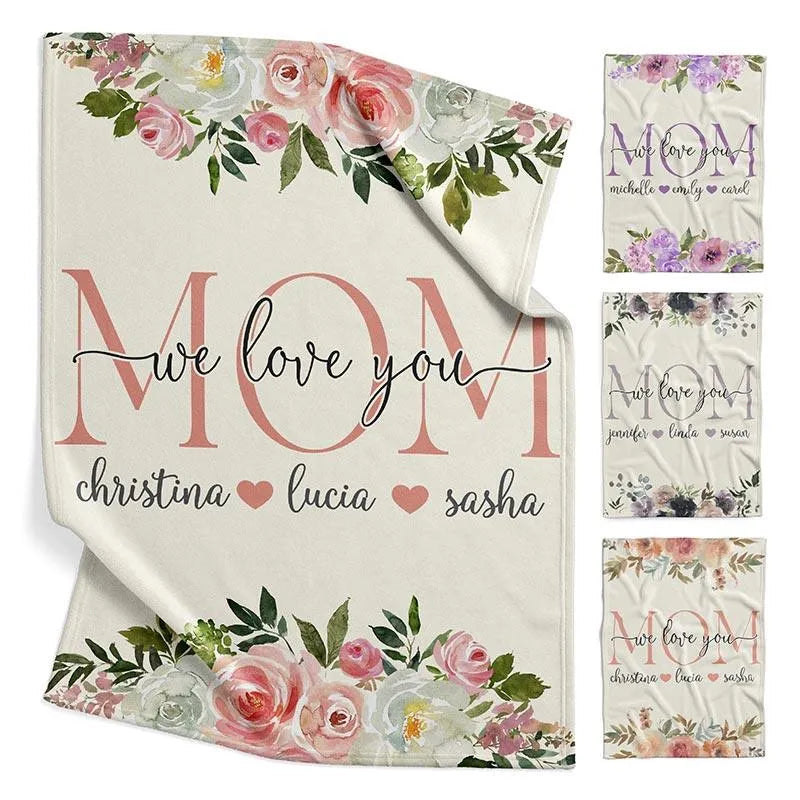 We Love You Mom Cuddly Blanket with Custom Kids Name - GiftShire
