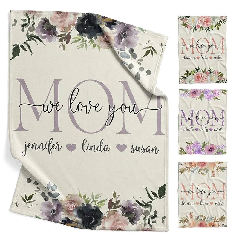 We Love You Mom Cuddly Blanket with Custom Kids Name - GiftShire