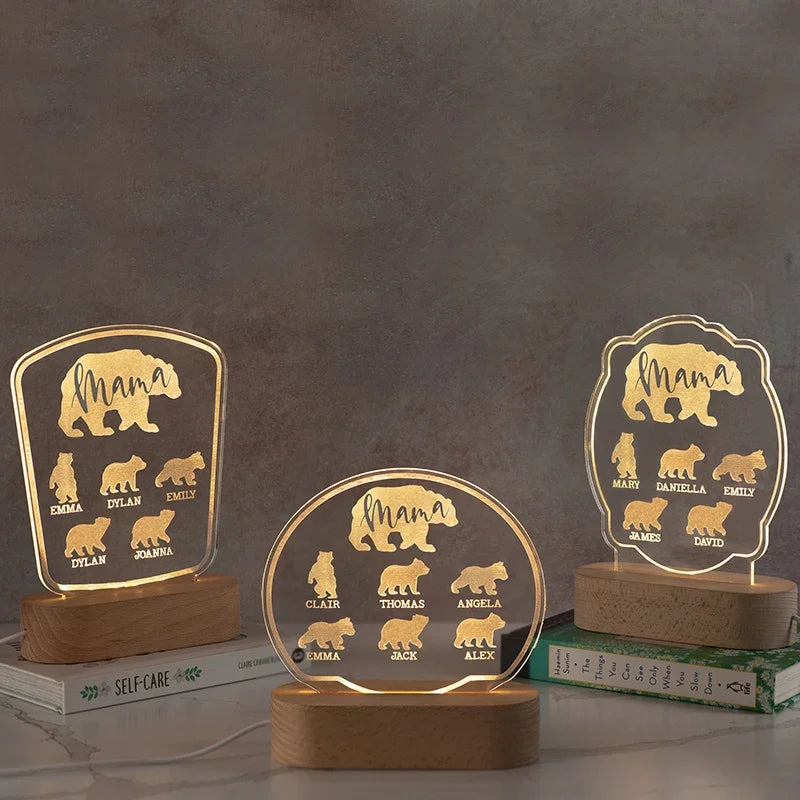 Custom Mama Bear Night Light With Cubs - GiftShire