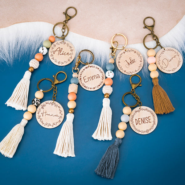 Custom Name Keyring with Floral Motifs, Beads and Tassel - GiftShire