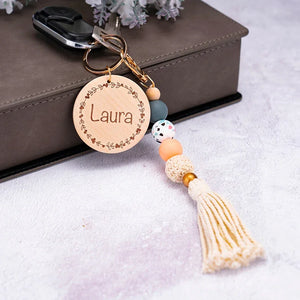 Custom Name Keyring with Floral Motifs, Beads and Tassel - GiftShire