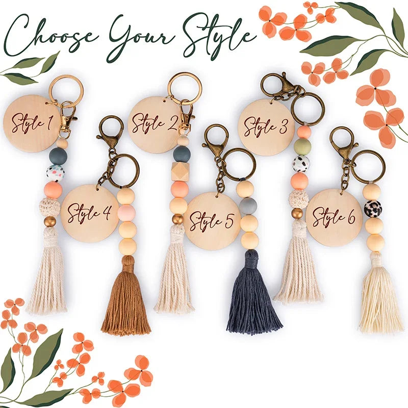 Custom Name Keyring with Floral Motifs, Beads and Tassel - GiftShire