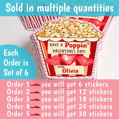 Custom Set of 6 Popcorn Stickers – Valentine’s Day Packaging Stickers