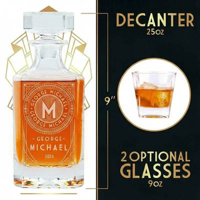 Art Deco Inspired 25oz Decanter, Set of 2 Glasses