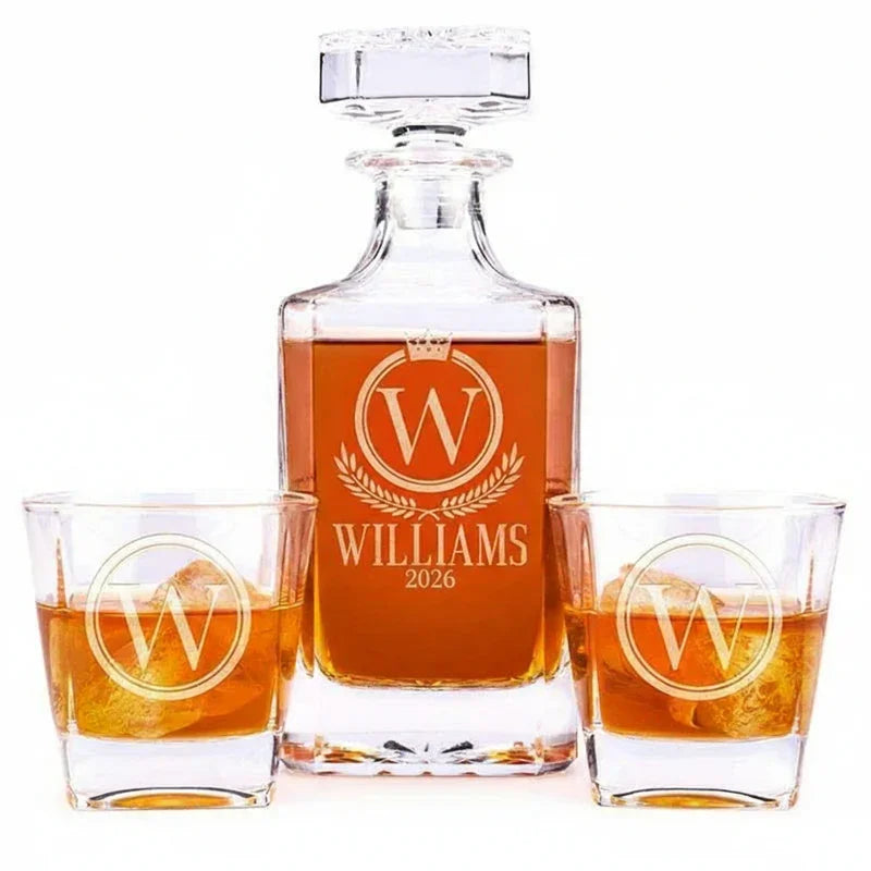 Personalized Whiskey Bottle Decanter Set with Two Glasses