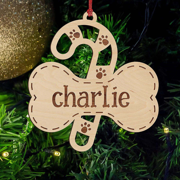 Dog Bone with Christmas Cane Ornament, Personalized Dog Ornaments - GiftShire