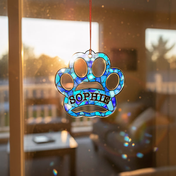 Dog Paw Ornament for Christmas – Rainbow Suncatcher with Dog Name
