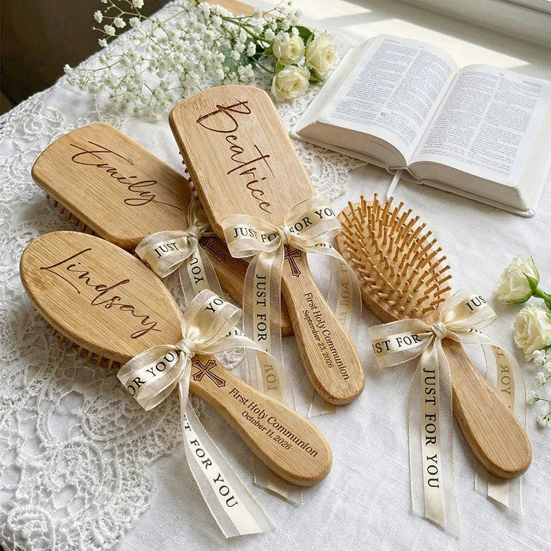 Engraged Bamboo Hair Brush For Her 1st Holy Communion Gift