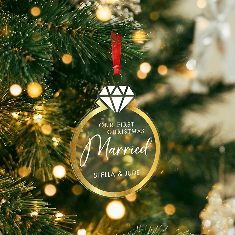 First Christmas Engaged Custom Ring Ornament - GiftShire