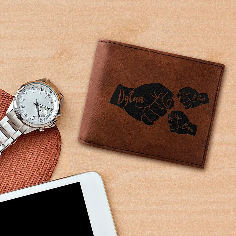 Fist Bump Engraved Wallet for Dad - Personalize up to 5 Kids - GiftShire