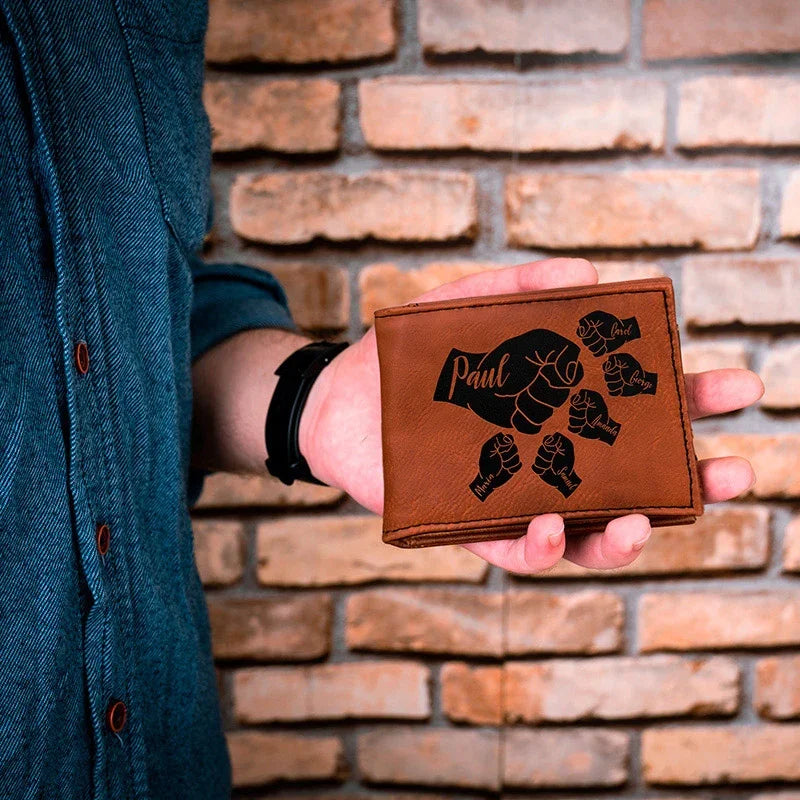Fist Bump Engraved Wallet for Dad - Personalize up to 5 Kids - GiftShire