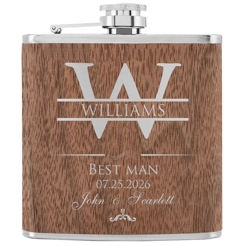 Personalized Groomsmen Flask, Custom Walnut Flask, Initial Flask for Him - GiftShire