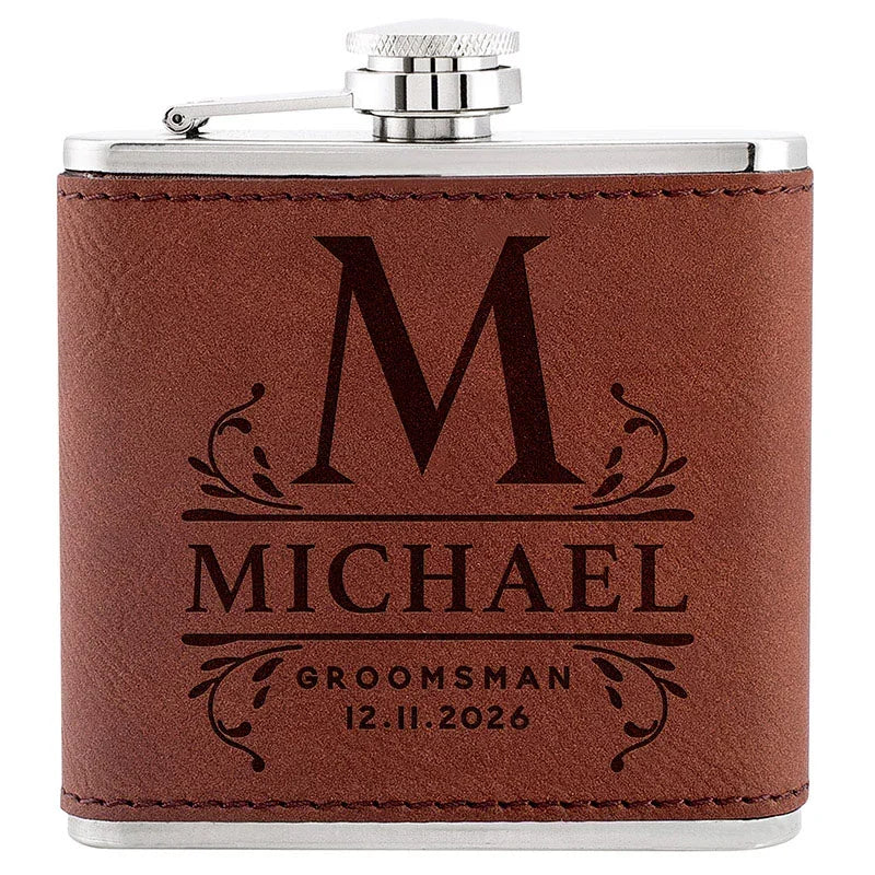 Men's Leather-Wrapped Monogrammed Personalized Flask