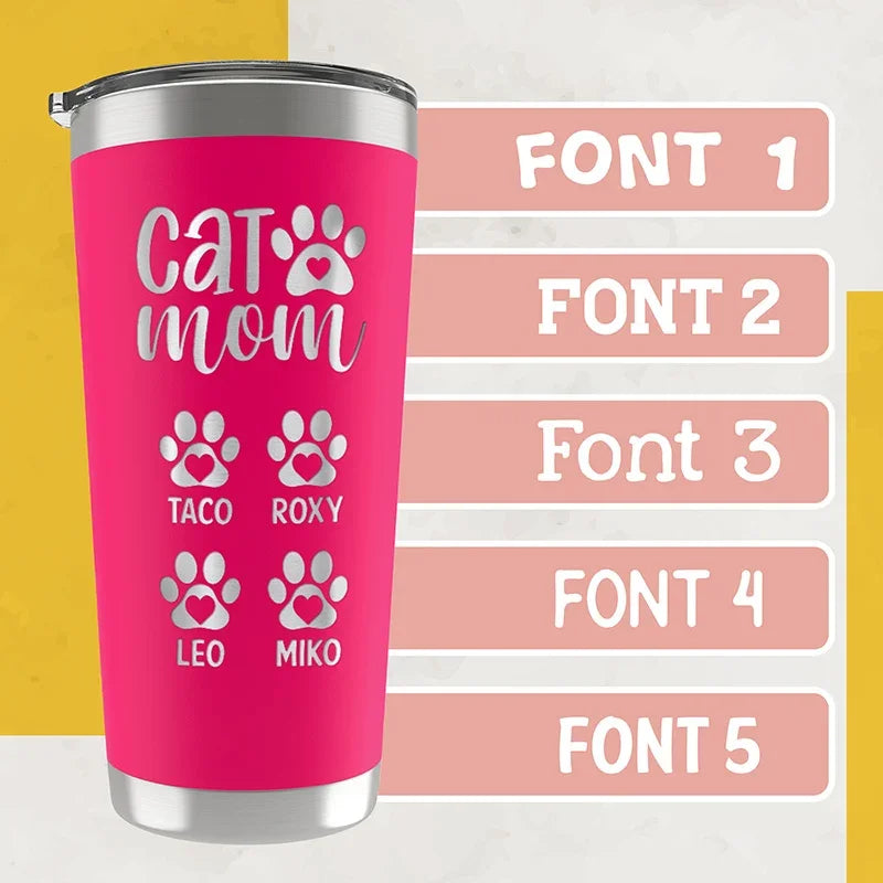 Personalized Cat Mom Tumbler with Custom Name Paw Prints - GiftShire