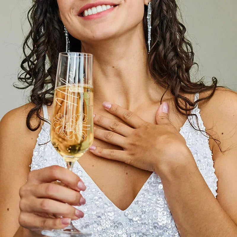 Personalized Champagne Flute with Bridesmaid's Birth Flower - GiftShire