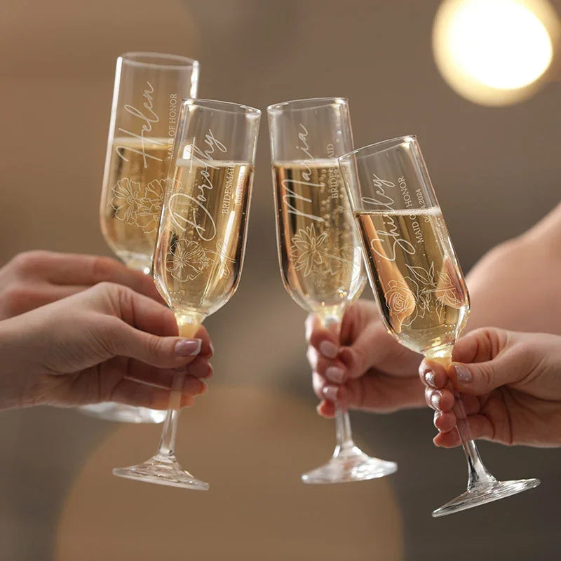 Personalized Champagne Flute with Bridesmaid's Birth Flower - GiftShire