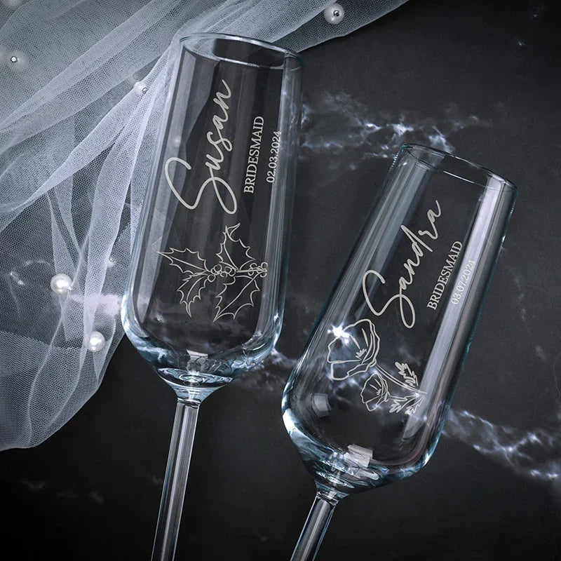 Personalized Champagne Flute with Bridesmaid's Birth Flower - GiftShire