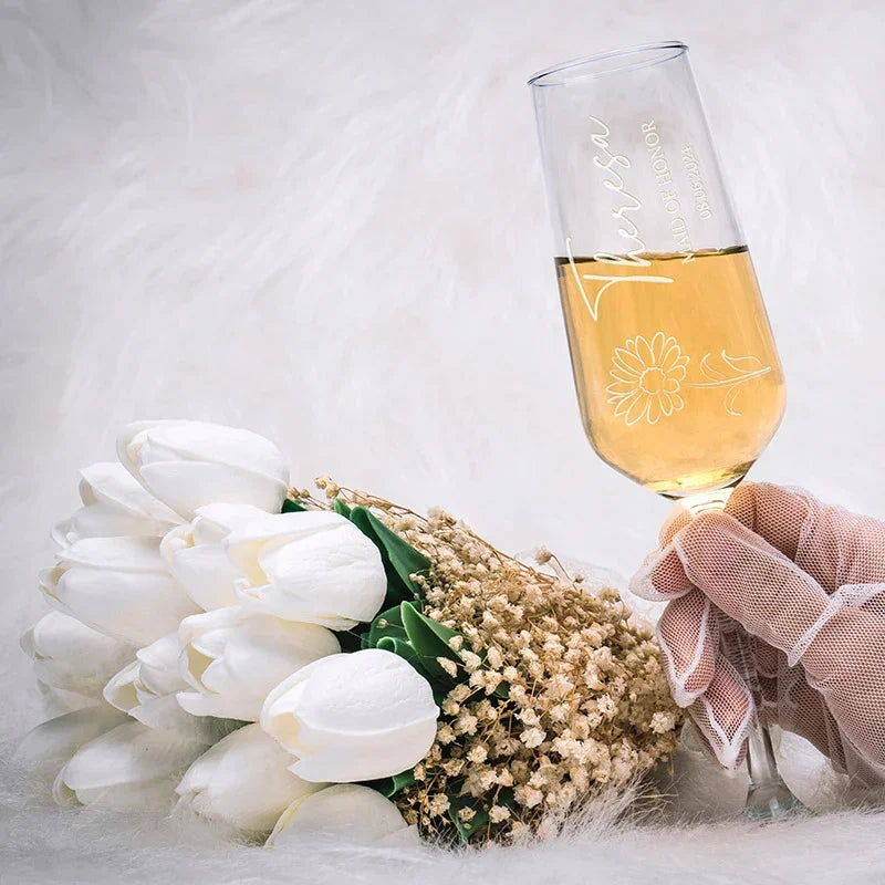 Personalized Champagne Flute with Bridesmaid's Birth Flower - GiftShire