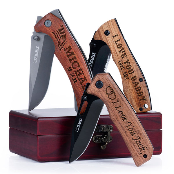 Personalized Engraved USA Flag Pocket Knife - Walnut Wood - GiftShire