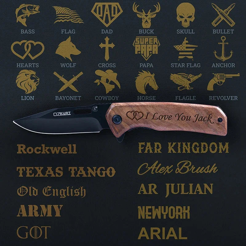 Personalized Engraved USA Flag Pocket Knife - Walnut Wood - GiftShire