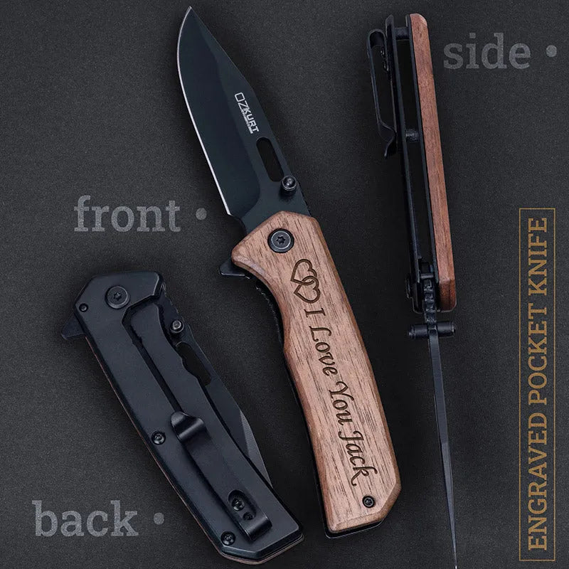 Personalized Engraved USA Flag Pocket Knife - Walnut Wood - GiftShire