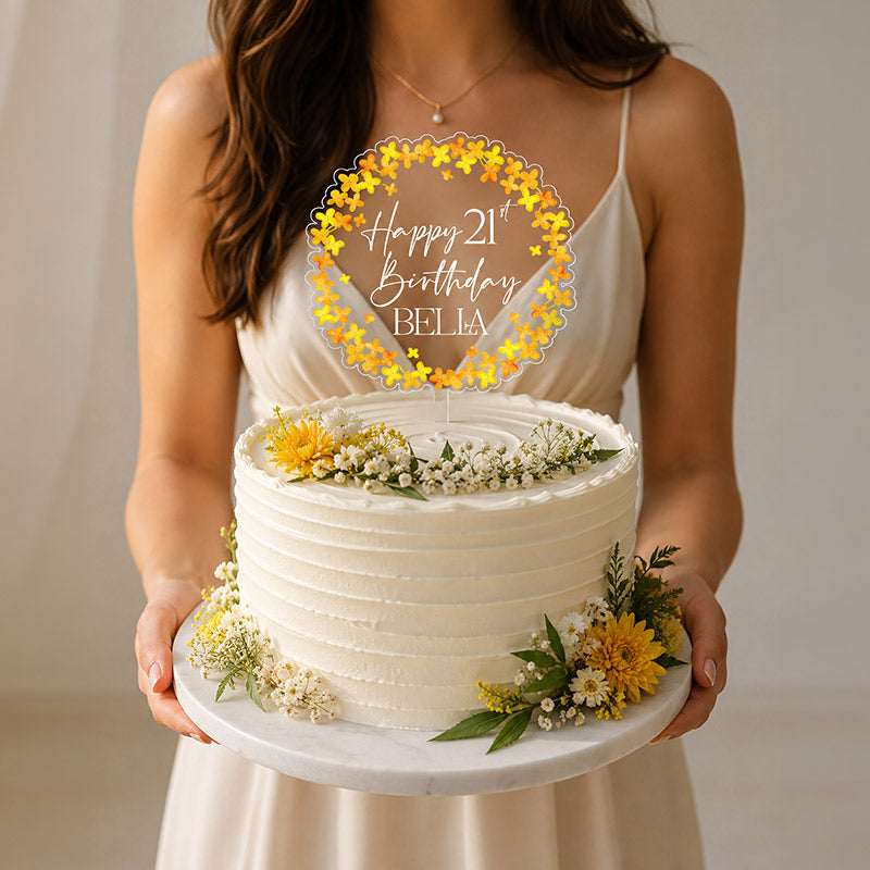 Personalized Floral Acrylic Birthday Cake Topper