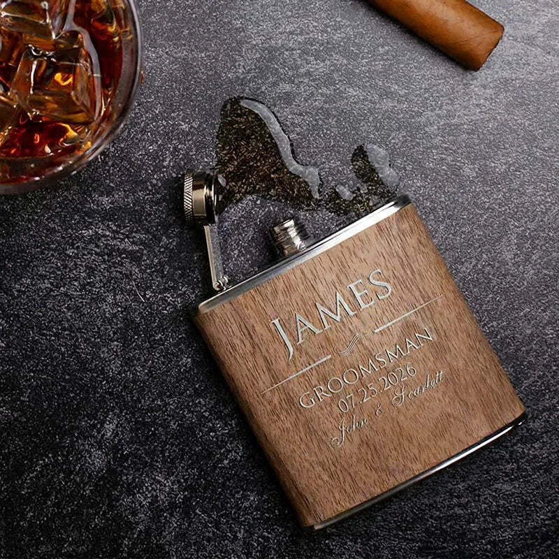 Personalized Groomsmen Flask, Custom Walnut Flask, Gift for Him - GiftShire