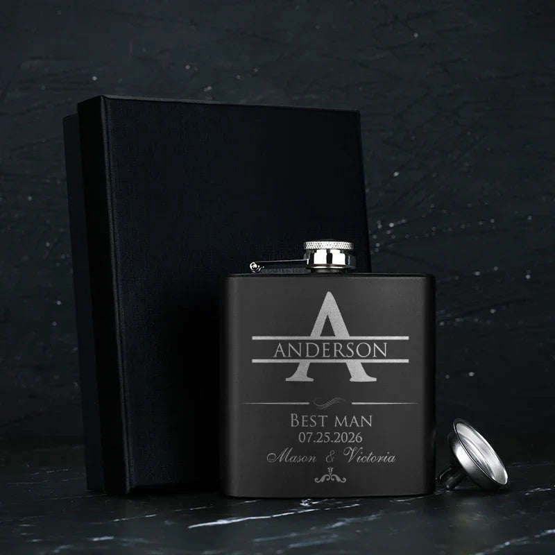Personalized Initial Flask, Stainless Black Flask, Gift for Him - GiftShire