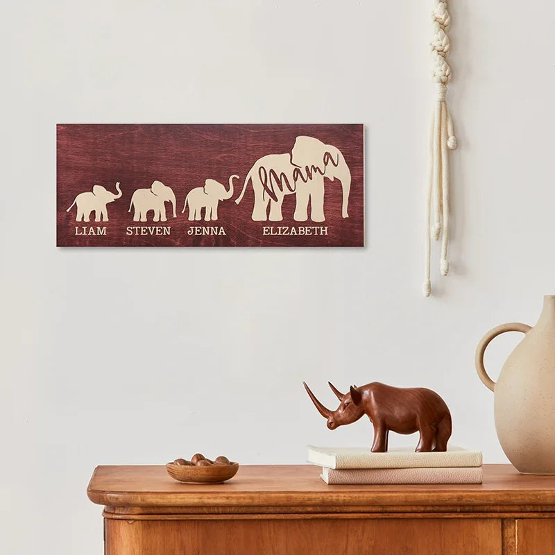 Personalized Mama Elephant Wooden Sign With Calves - GiftShire