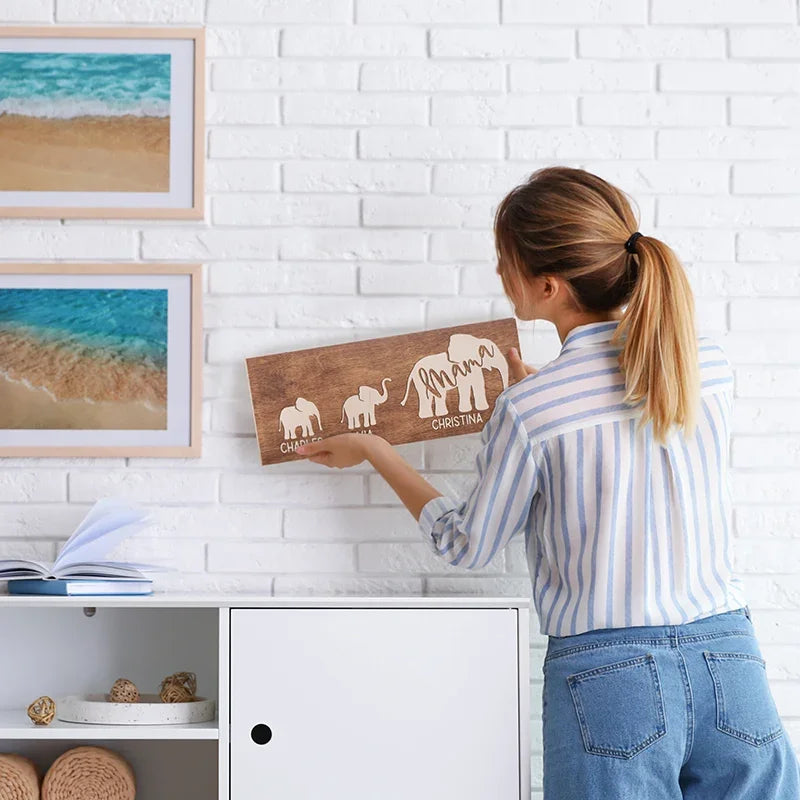 Personalized Mama Elephant Wooden Sign With Calves - GiftShire