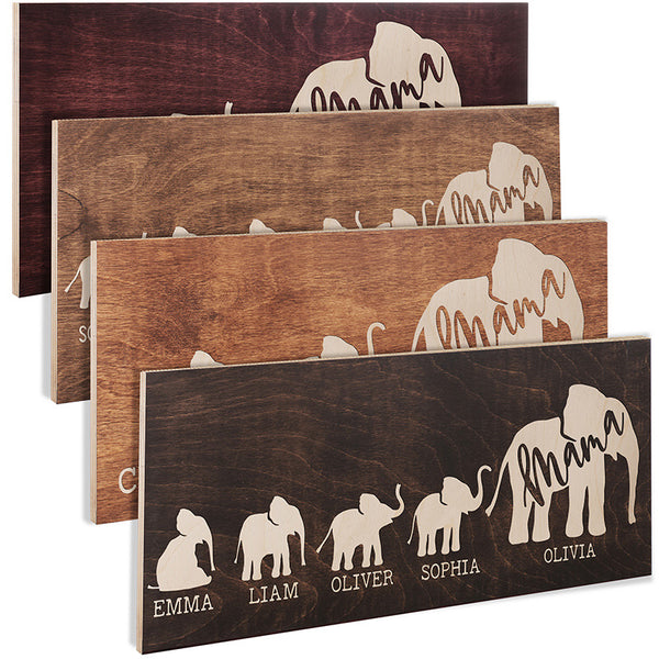 Personalized Mama Elephant Wooden Sign With Calves