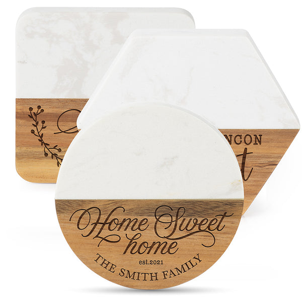 Personalized Marble Wood Coaster, Home Goods Gift