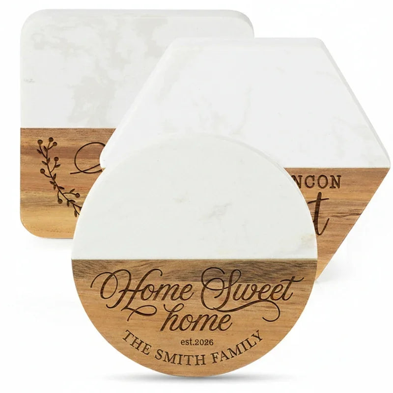 Personalized Marble Wood Coaster, Home Goods Gift