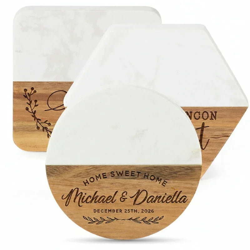 Personalized Marble Wood Coaster, Home Goods Gift