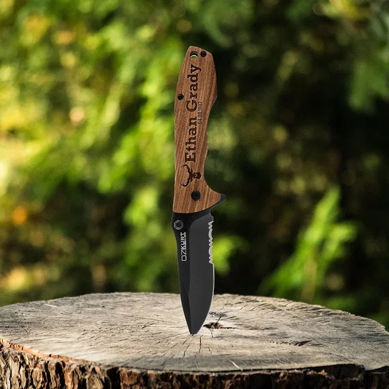 Personalized Oak Wood Pocket Knife with Name and Icon - GiftShire