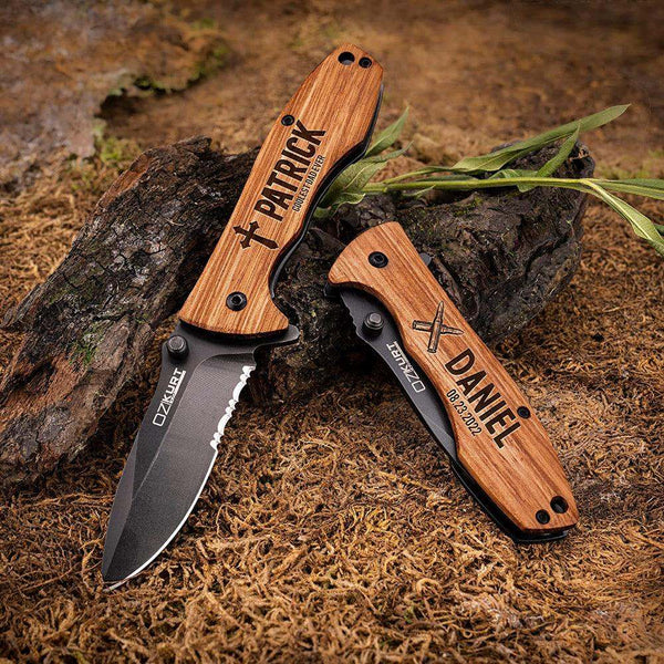 Personalized Oak Wood Pocket Knife With Name And Icon - Custom Engraved Pocket Knives | B09716Y915 - NAME&ICON - GiftShire