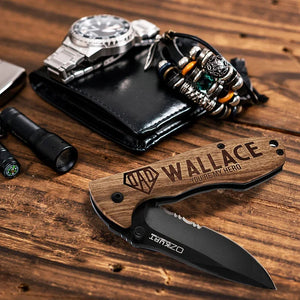 Personalized Oak Wood Pocket Knife with Name and Icon - GiftShire