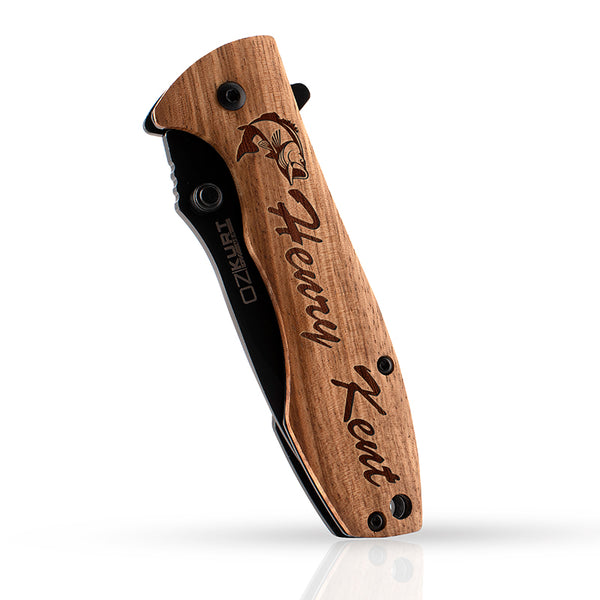 Personalized Oak Wood Pocket Knife with Name and Icon - GiftShire