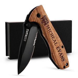 Personalized Oak Wood Pocket Knife with Name and Icon - GiftShire