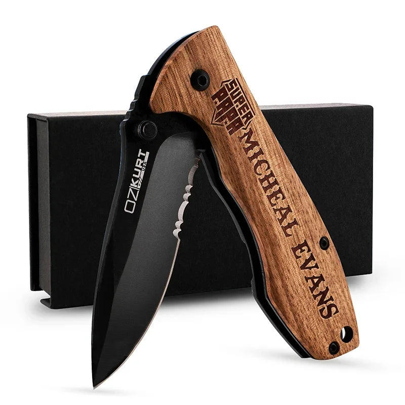 Personalized Oak Wood Pocket Knife with Name and Icon - GiftShire