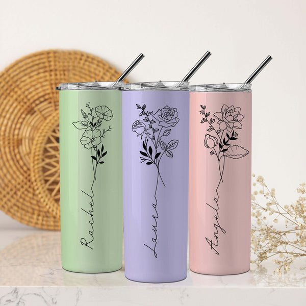 Personalized Skinny Tumblers with Birth Flower, Custom Gifts for Women - GiftShire