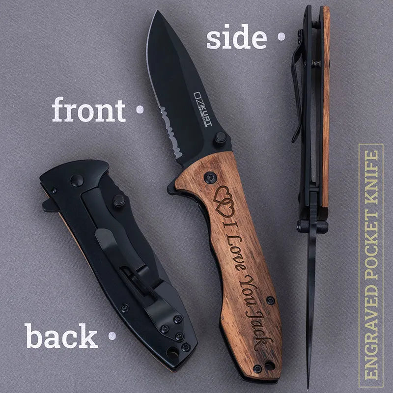 Personalized Spring Assisted Pocket knife - Oak Wood - GiftShire