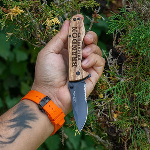 Personalized Spring Assisted Pocket knife - Oak Wood - GiftShire