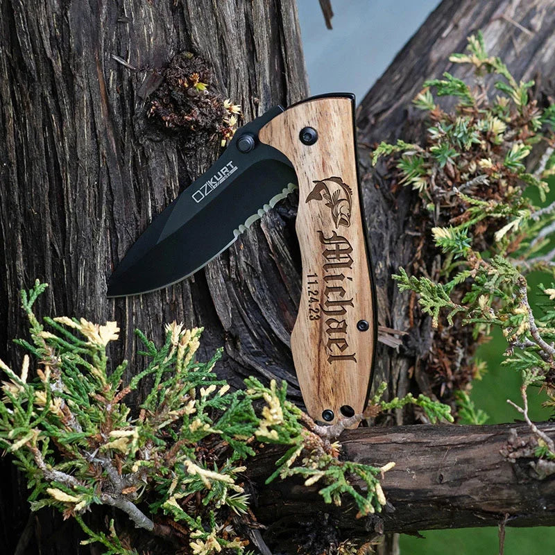Personalized Spring Assisted Pocket knife - Oak Wood - GiftShire