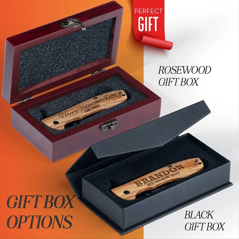 Personalized Spring Assisted Pocket knife - Oak Wood - GiftShire