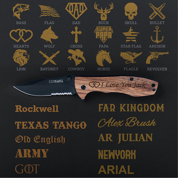 Personalized Spring Assisted Pocket knife - Oak Wood - GiftShire