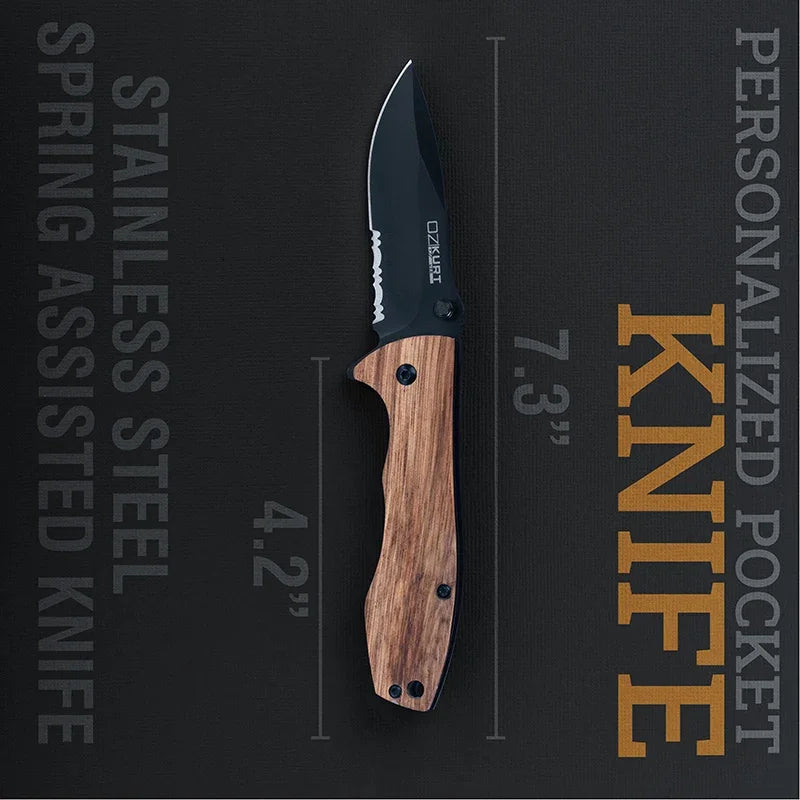 Personalized Spring Assisted Pocket knife - Oak Wood - GiftShire