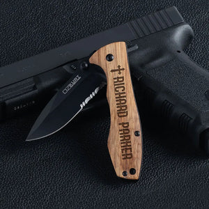 Personalized Spring Assisted Pocket knife - Oak Wood - GiftShire
